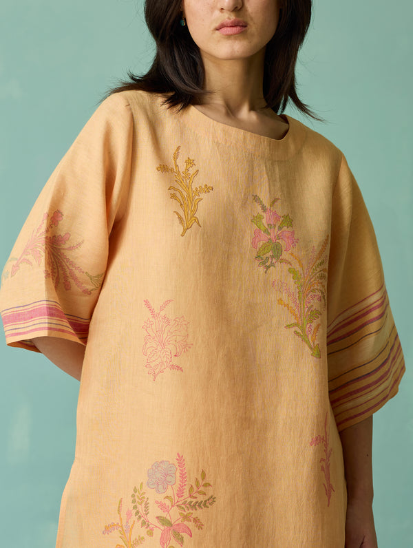 Nami Floral Block-Printed Curved Hem Kurta - Apricot