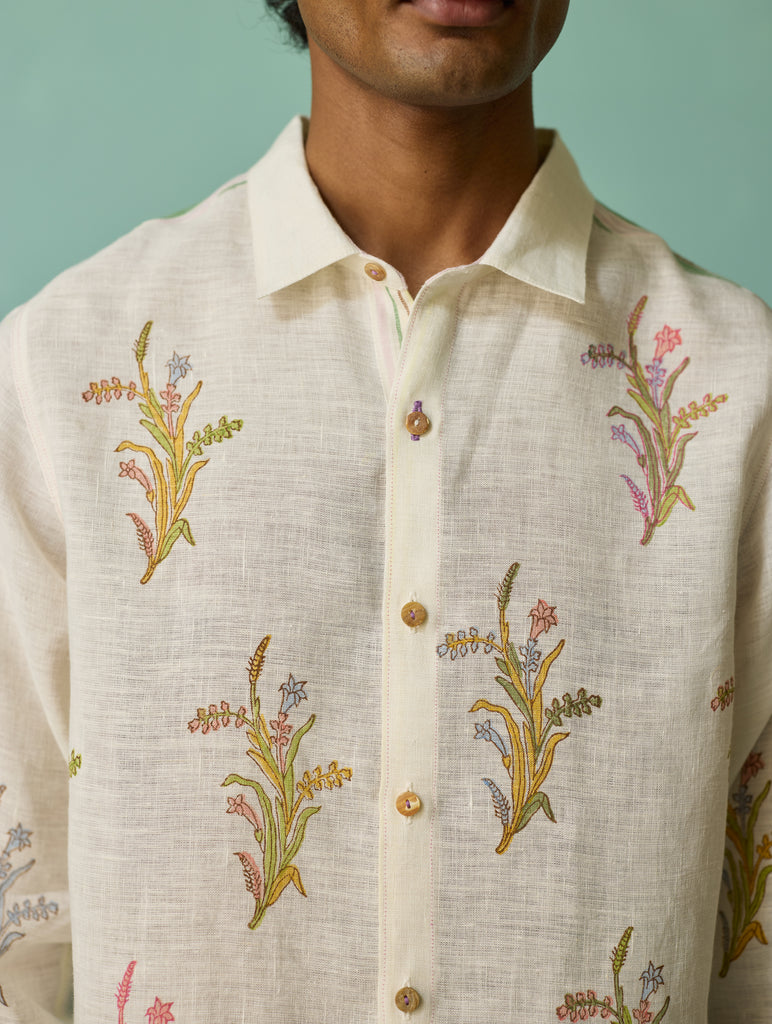 Arden Block-Printed Floral Shirt - Ivory