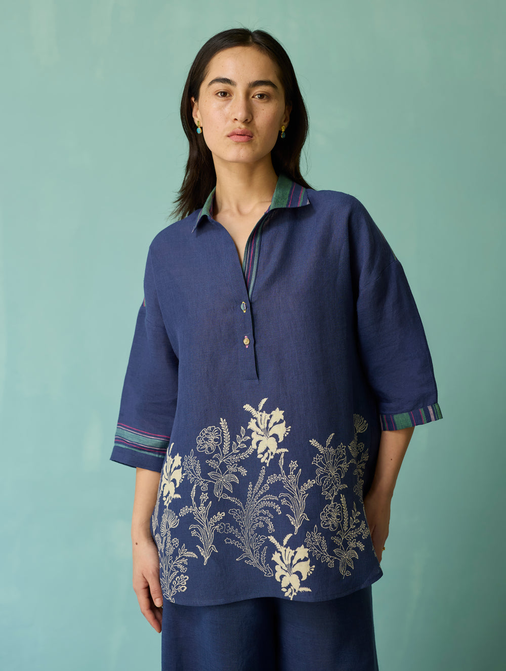 Luma Block-Printed Floral Shirt - Indigo