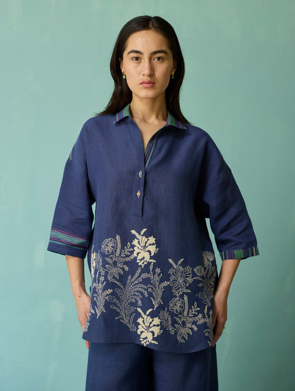 Luma Block-Printed Floral Co-ord Set - Indigo