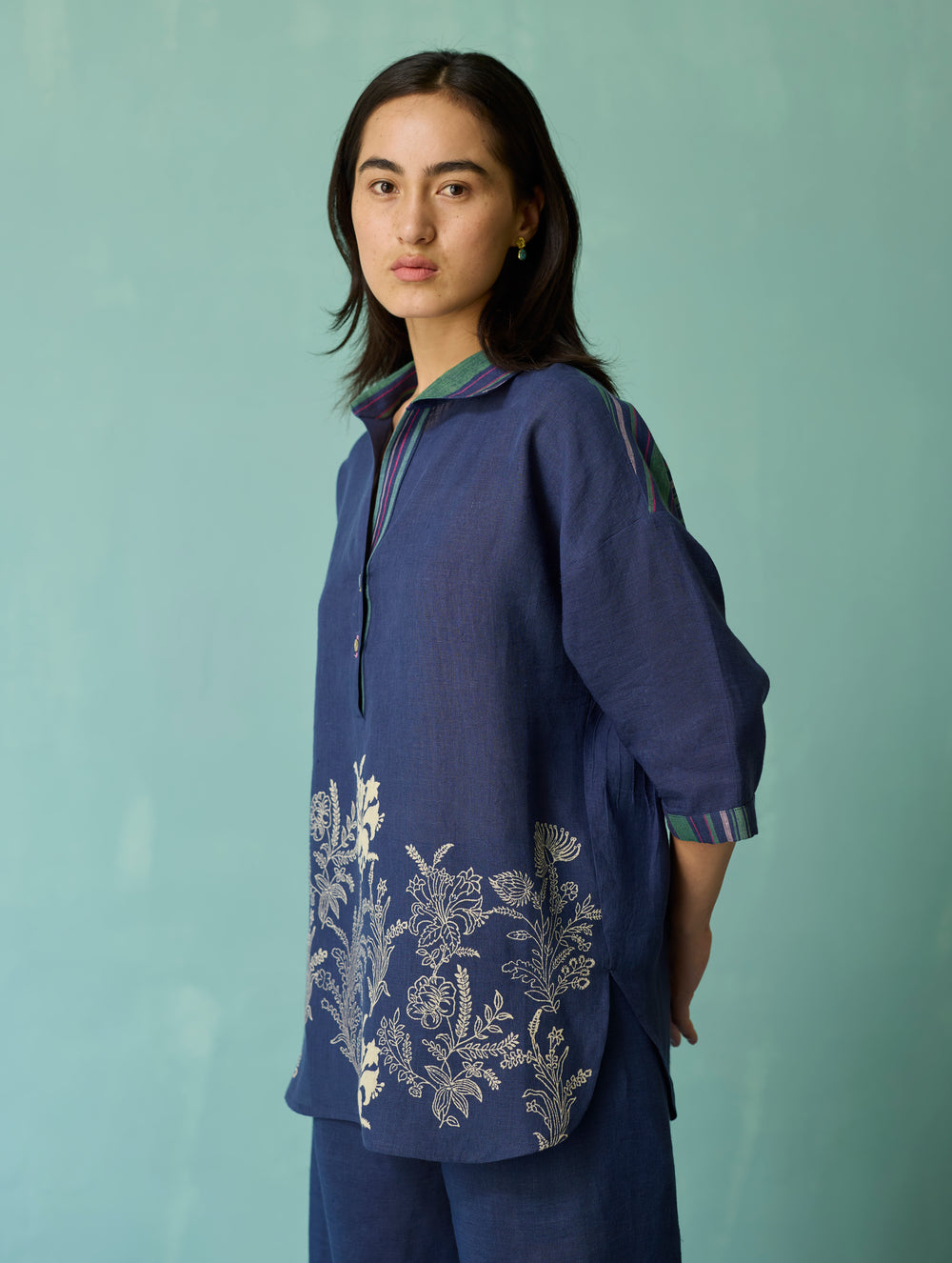 Luma Block-Printed Floral Shirt - Indigo