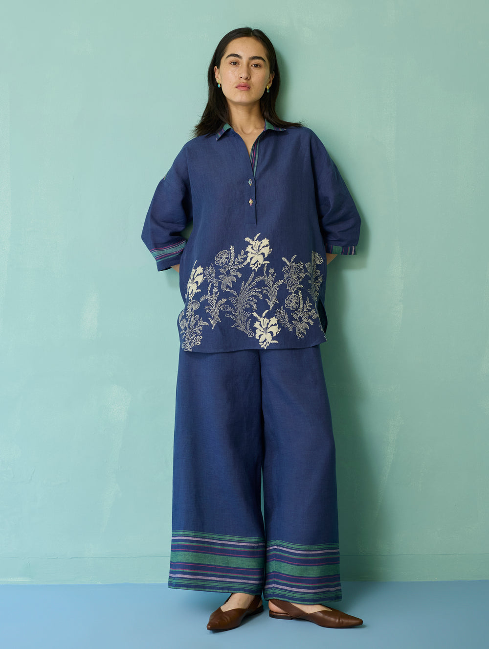 Luma Block-Printed Floral Shirt - Indigo