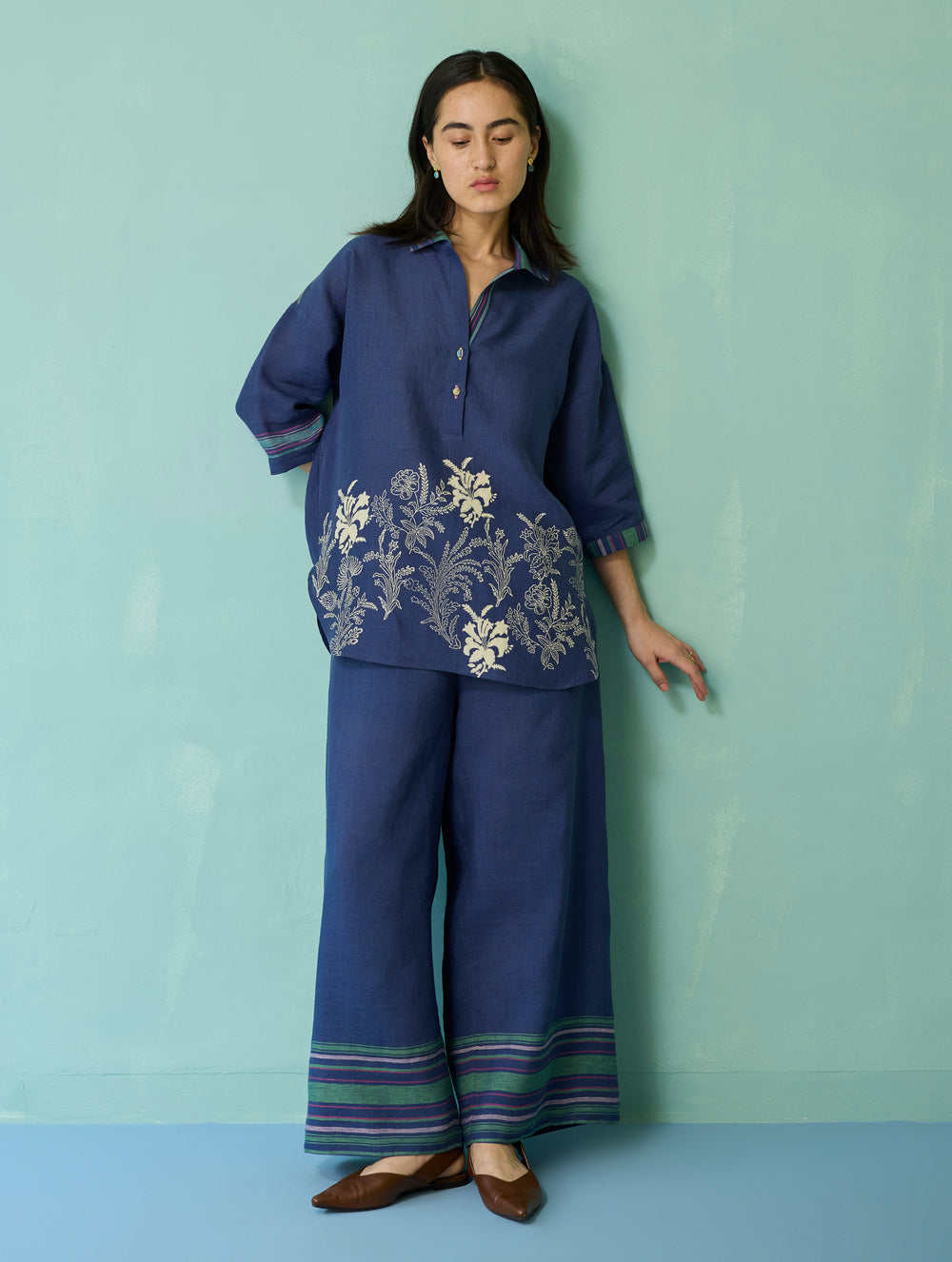 Luma Block-Printed Floral Shirt - Indigo