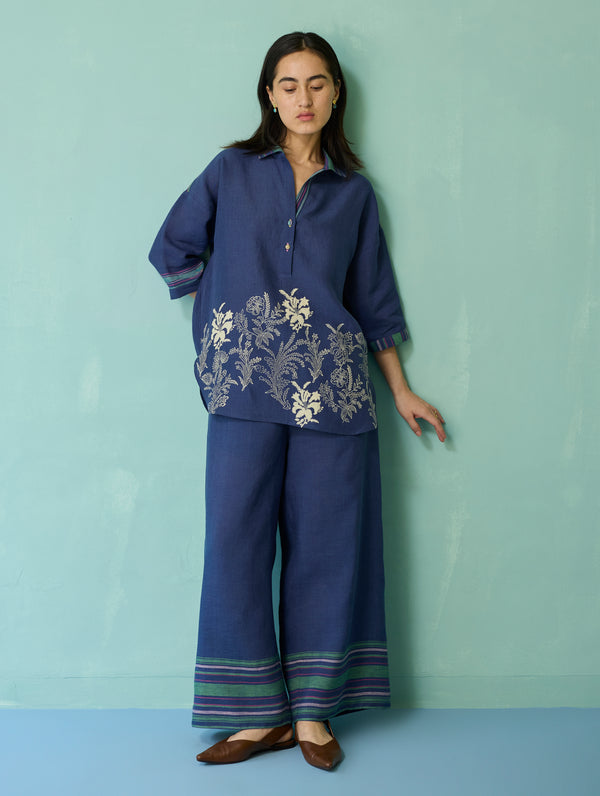 Luma Block-Printed Floral Co-ord Set - Indigo