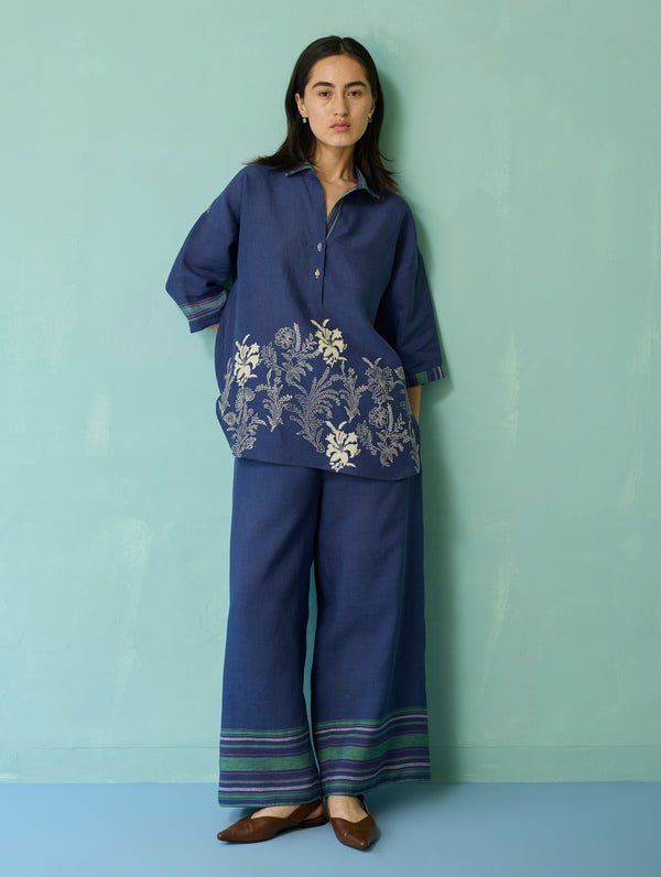 Luma Block-Printed Floral Co-ord Set - Indigo