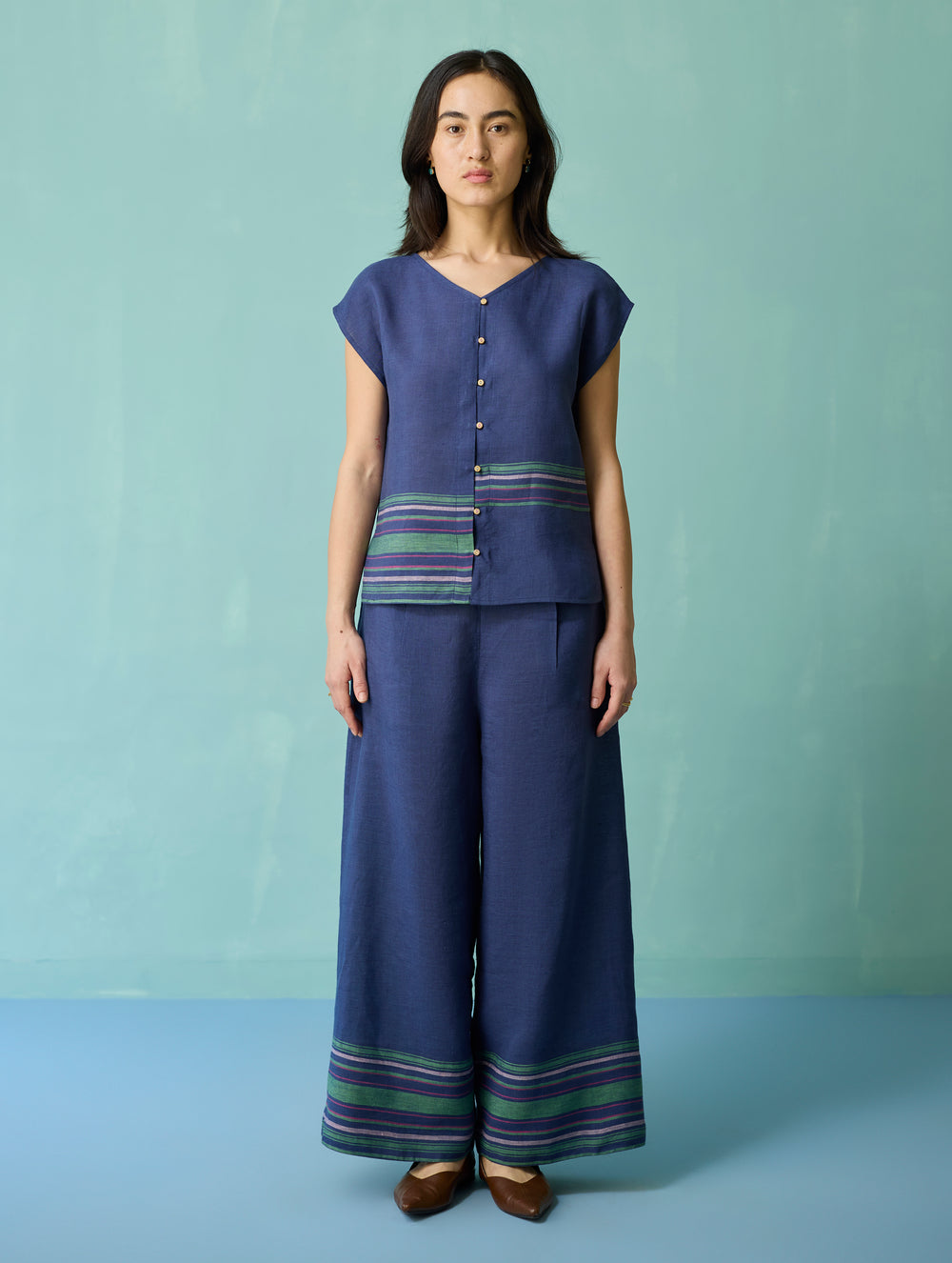 Xora Border Linen Cap-Sleeve Top - Indigo