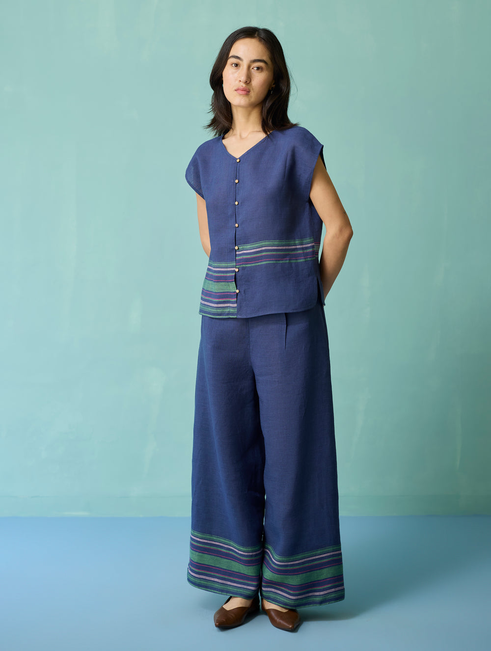 Xora Border Linen Cap-Sleeve Top - Indigo