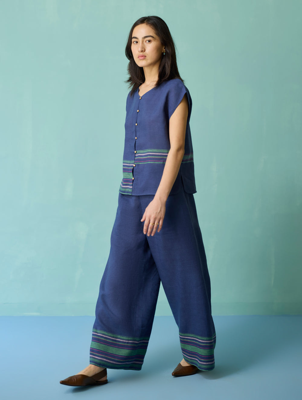 Xora Border Linen Cap-Sleeve Top - Indigo