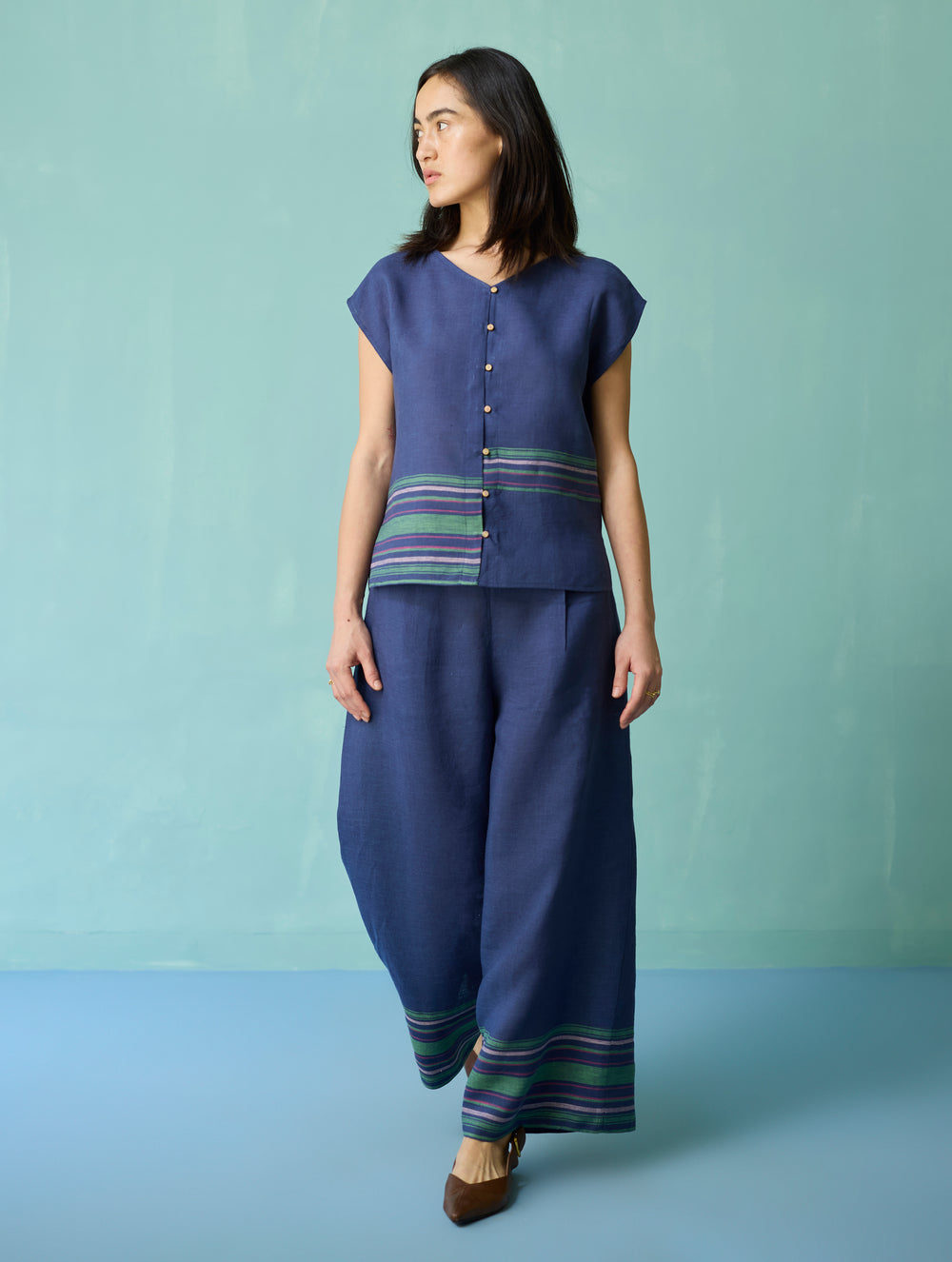 Xora Border Linen Cap-Sleeve Top - Indigo