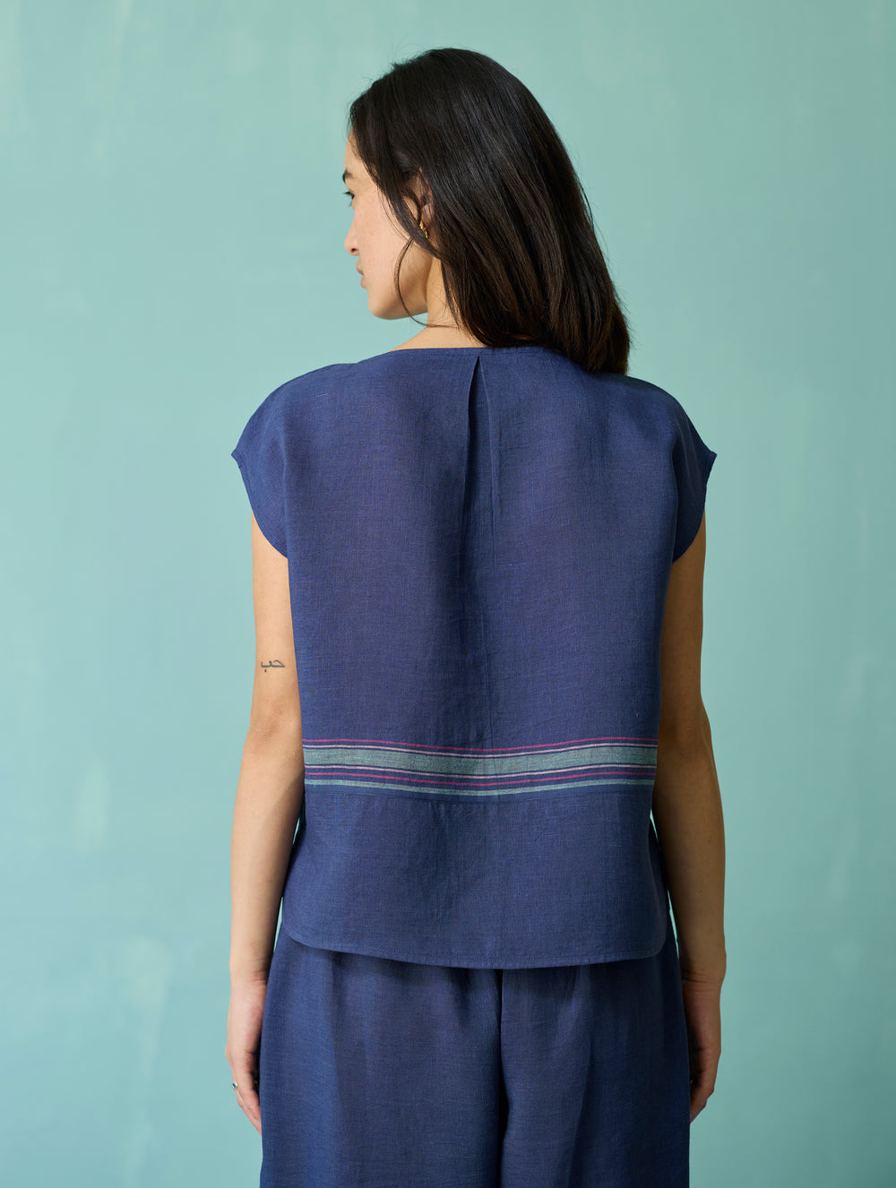 Xora Border Linen Cap-Sleeve Top - Indigo