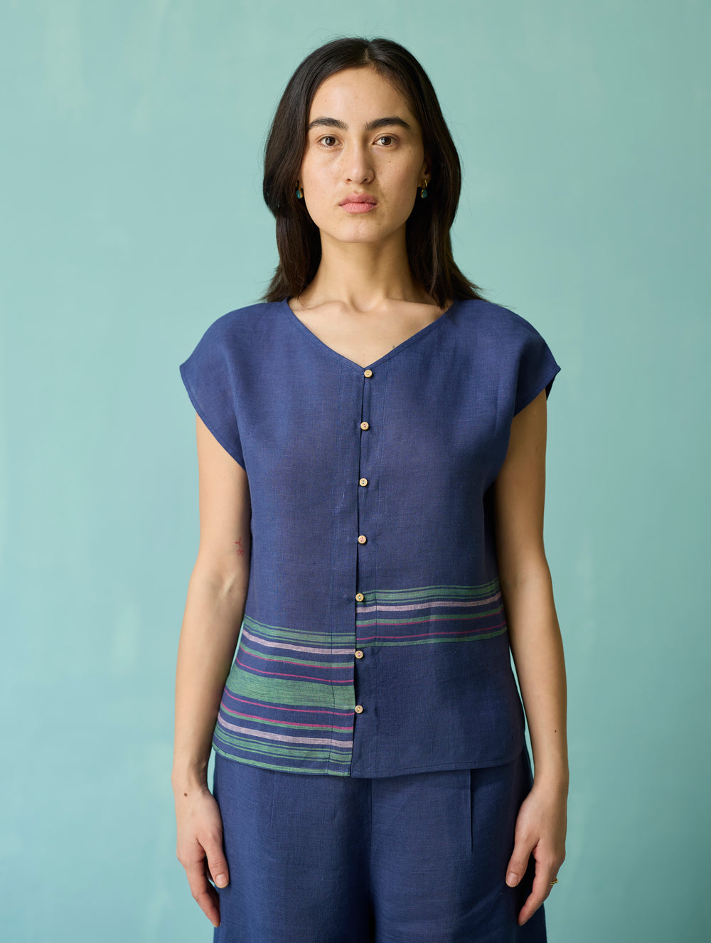Xora Border Linen Cap-Sleeve Top - Indigo