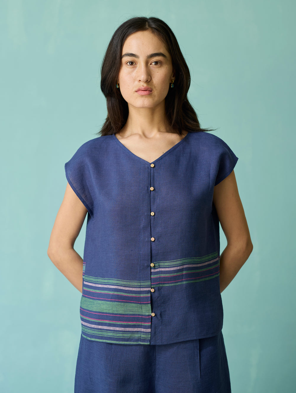 Xora Border Linen Cap-Sleeve Top - Indigo