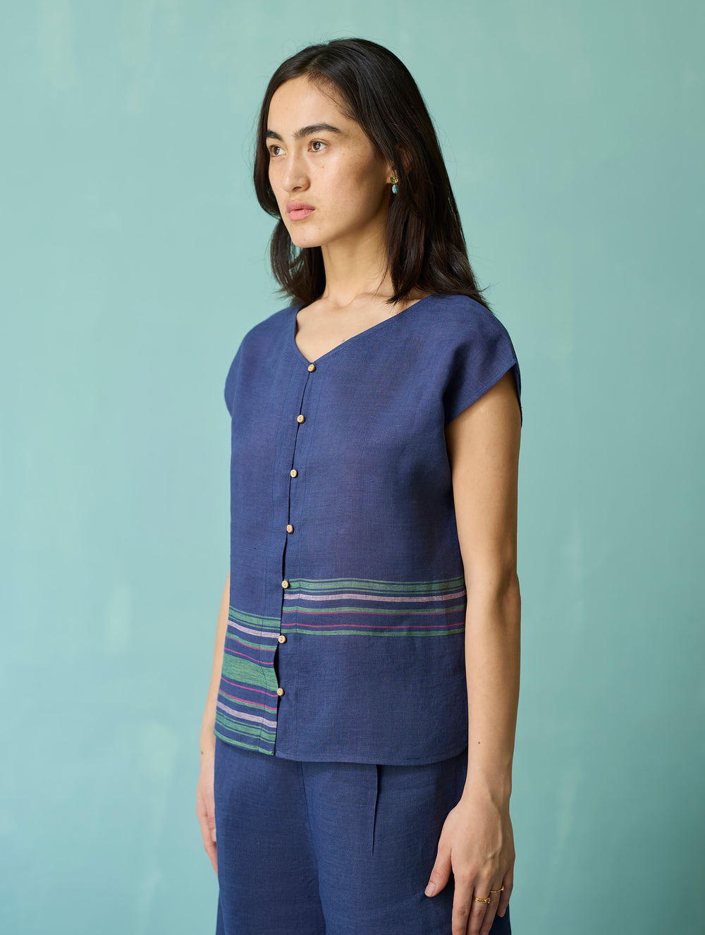 Xora Border Linen Cap-Sleeve Top - Indigo