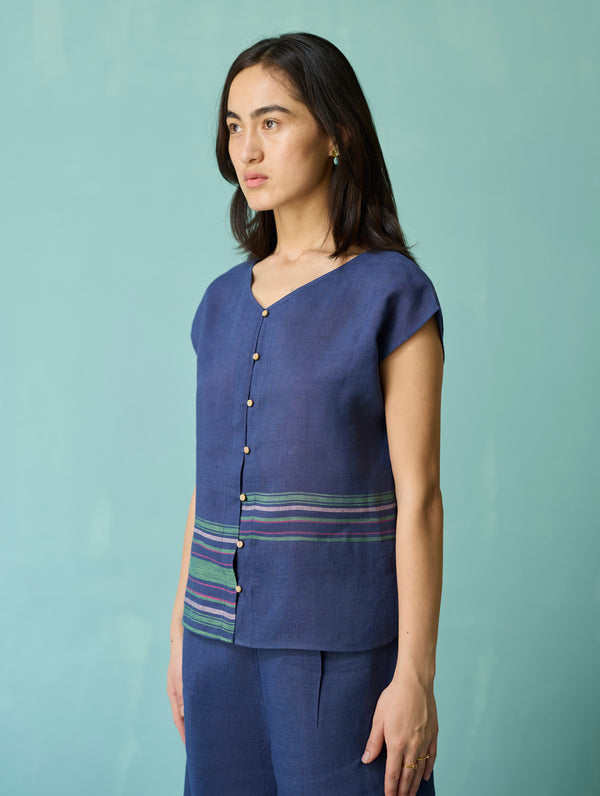 Xora Border Linen Cap-Sleeve Top - Indigo