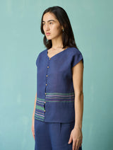 Xora Border Linen Cap-Sleeve Top - Indigo
