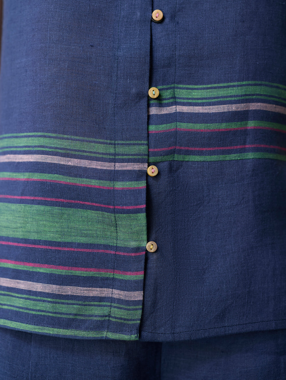 Xora Border Linen Cap-Sleeve Top - Indigo