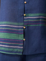 Xora Border Linen Cap-Sleeve Top - Indigo