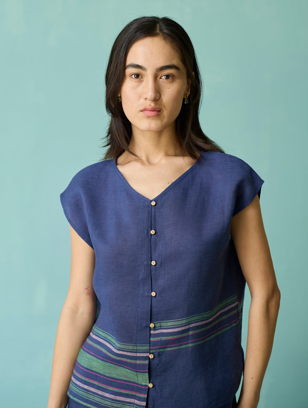 Xora Border Linen Cap-Sleeve Top - Indigo