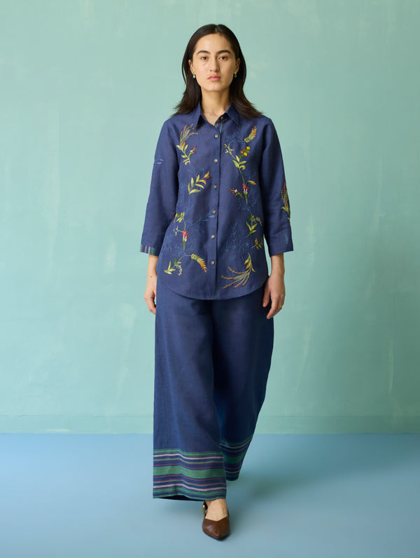 Kima Hand-Embroidered Floral Shirt - Indigo