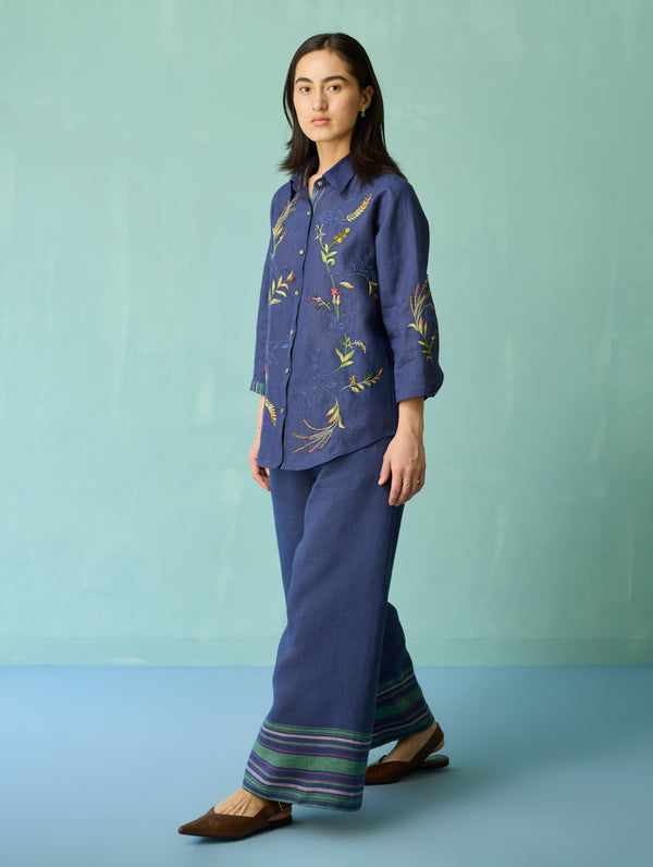 Kima Hand-Embroidered Floral Co-ord Set - Indigo