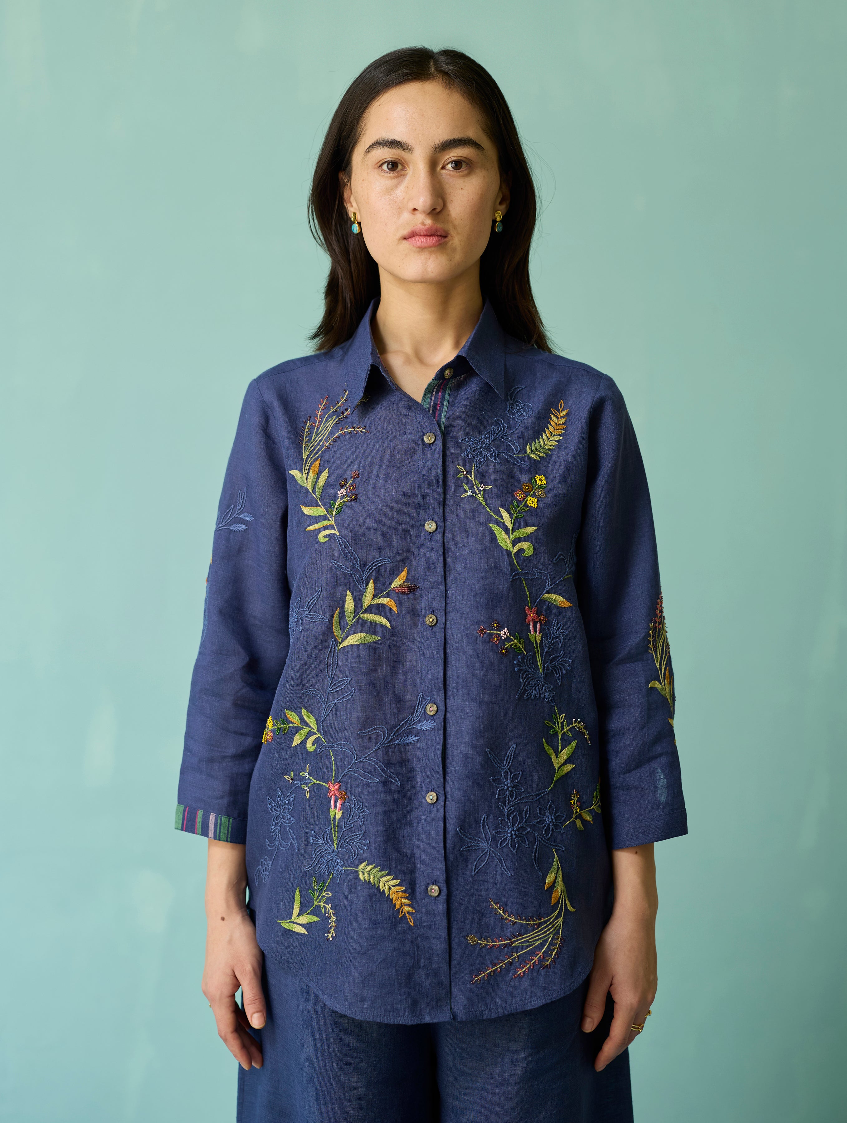 Kima Hand-Embroidered Floral Co-ord Set - Indigo