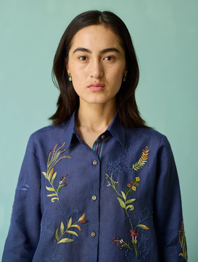 Kima Hand-Embroidered Floral Co-ord Set - Indigo