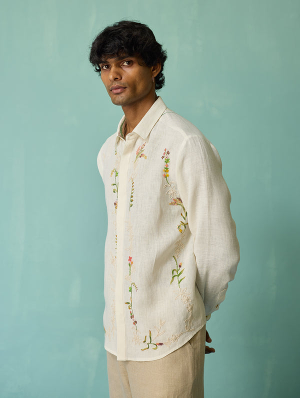 Sid Hand-Embroidered Floral Shirt - Ivory
