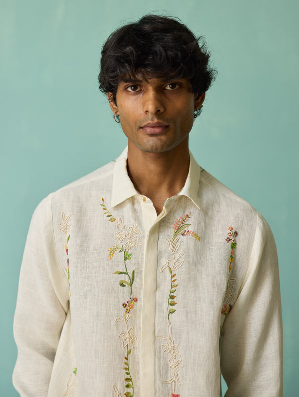 Sid Hand-Embroidered Floral Shirt - Ivory