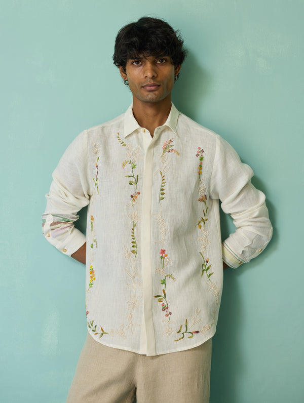 Sid Hand-Embroidered Floral Shirt - Ivory