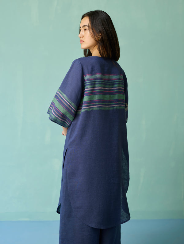 Nami Floral Block-Printed Curved Hem Kurta - Indigo