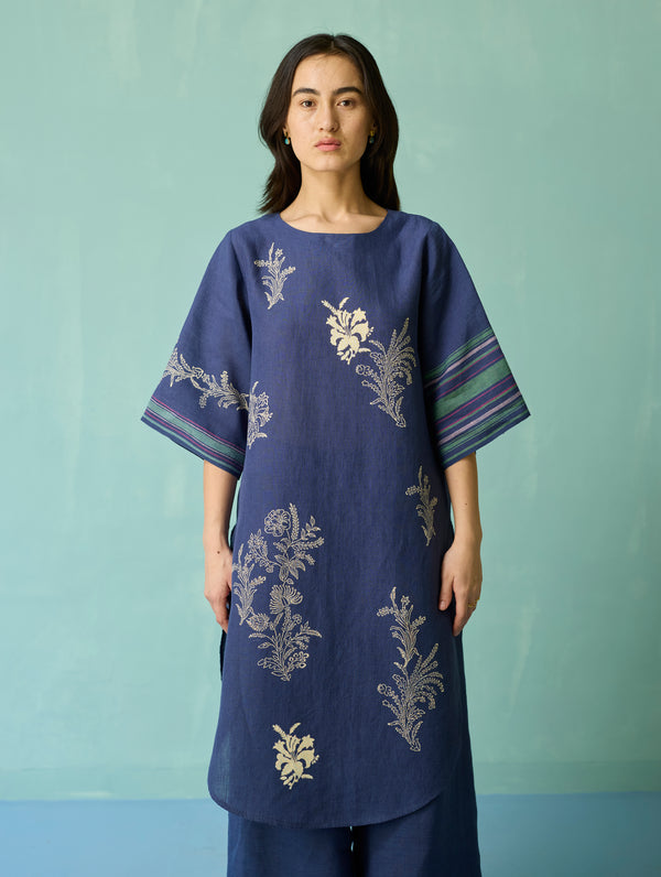 Nami Floral Block-Printed Curved Hem Kurta Set - Indigo