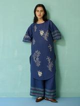 Nami Floral Block-Printed Curved Hem Kurta Set - Indigo