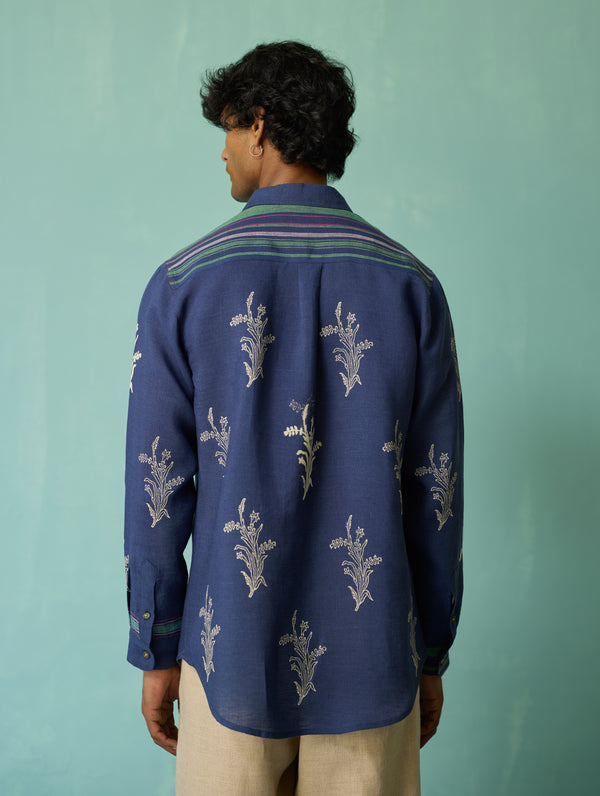 Arden Block-Printed Floral Shirt - Indigo
