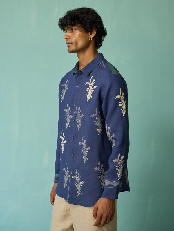 Arden Block-Printed Floral Shirt - Indigo