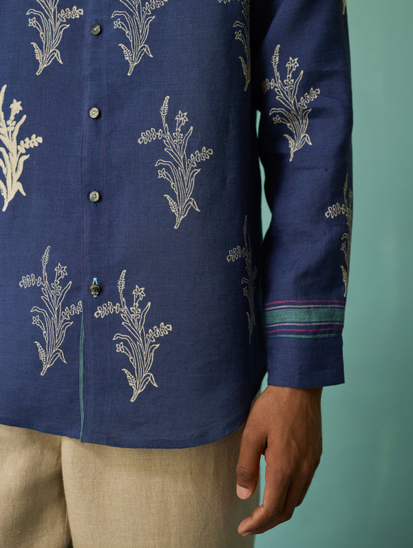 Arden Block-Printed Floral Shirt - Indigo