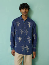 Arden Block-Printed Floral Shirt - Indigo