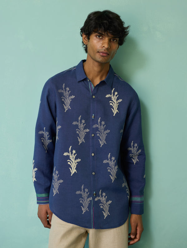 Arden Block-Printed Floral Shirt - Indigo