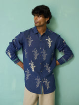 Arden Block-Printed Floral Shirt - Indigo