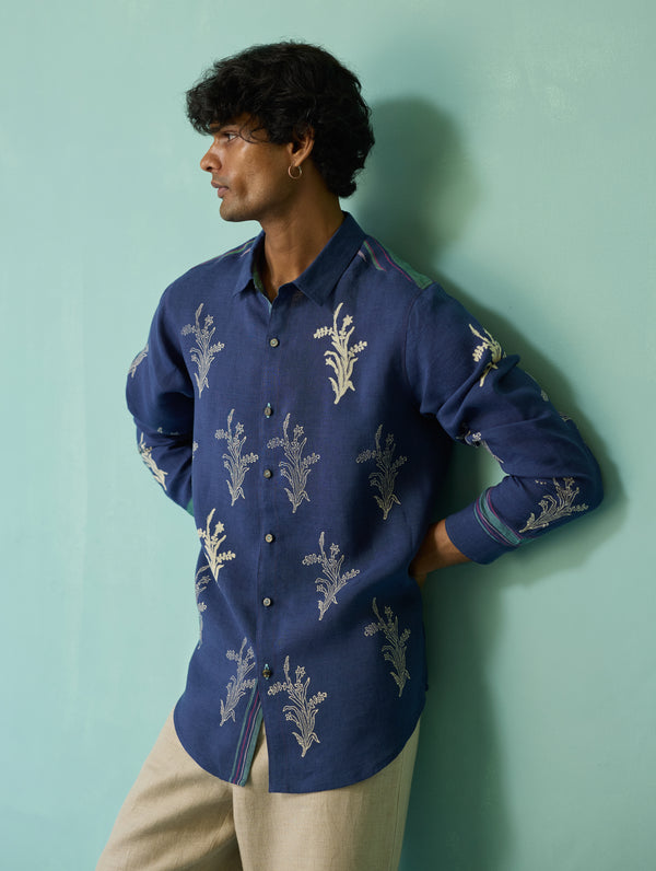 Arden Block-Printed Floral Shirt - Indigo