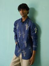 Arden Block-Printed Floral Shirt - Indigo