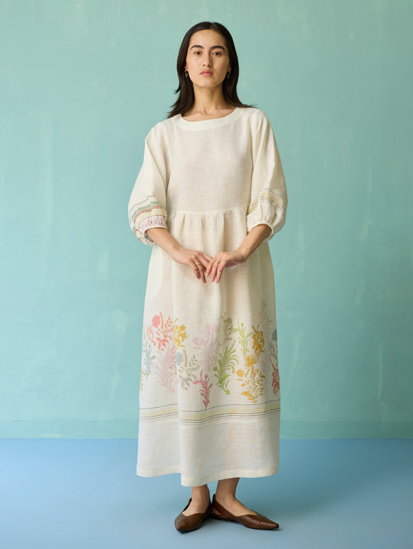 Ora Block-Printed Floral Linen Dress - Ivory