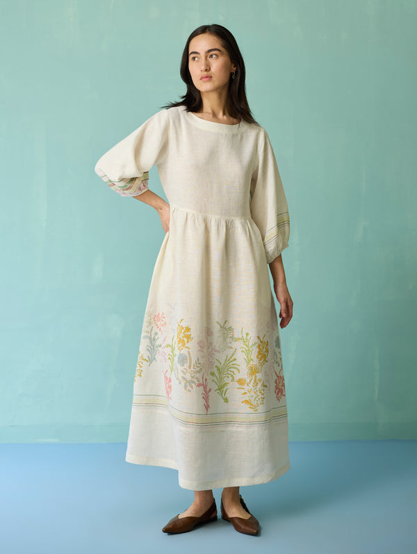 Ora Block-Printed Floral Linen Co-ord Set - Ivory