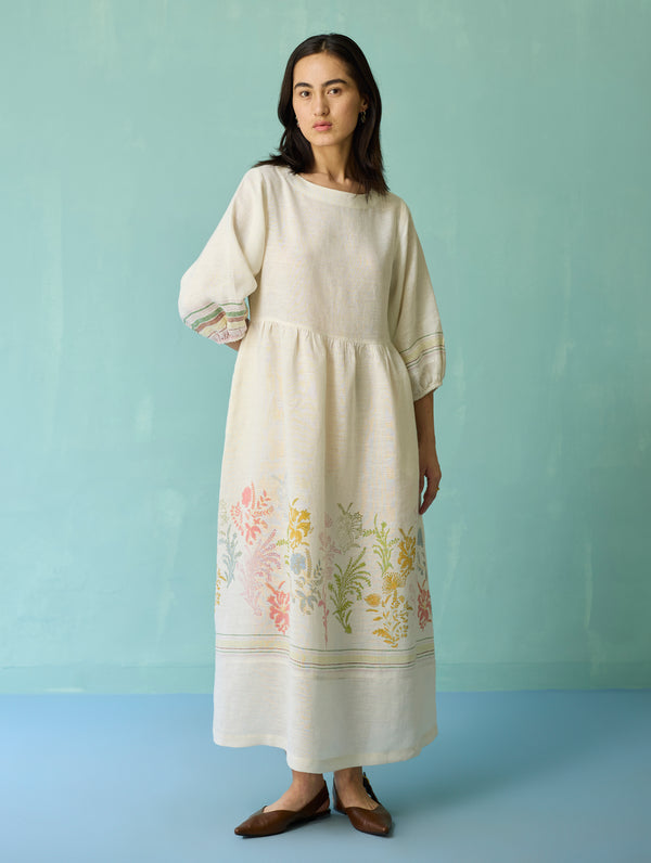 Ora Block-Printed Floral Linen Dress - Ivory