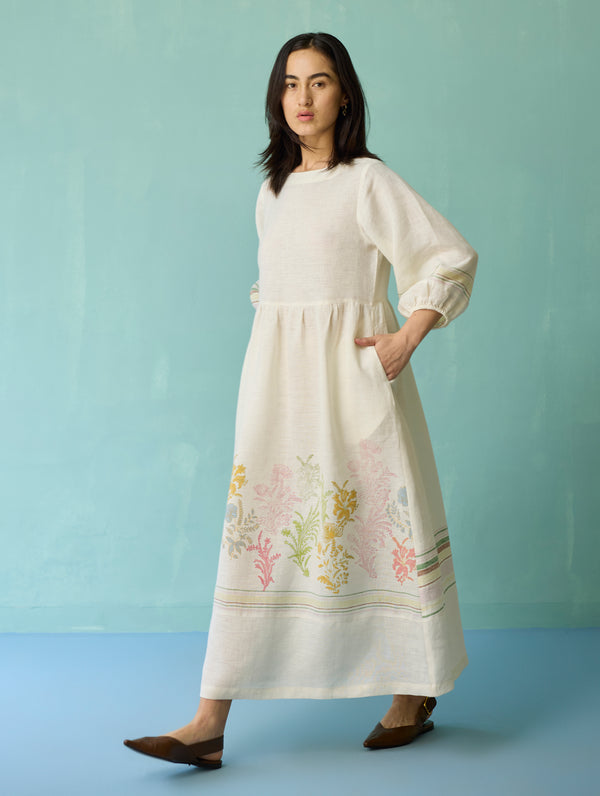 Ora Block-Printed Floral Linen Dress - Ivory
