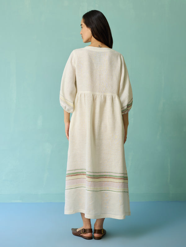 Ora Block-Printed Floral Linen Dress - Ivory