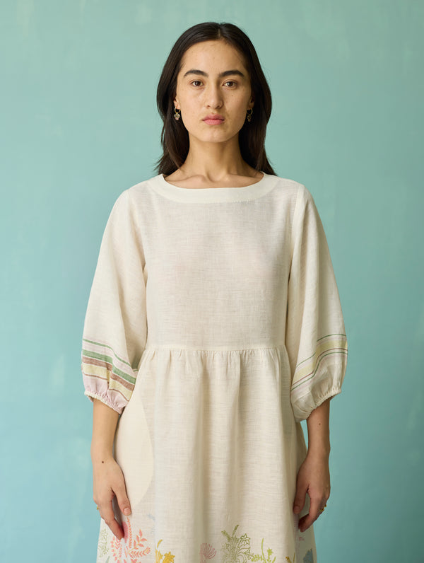 Ora Block-Printed Floral Linen Dress - Ivory