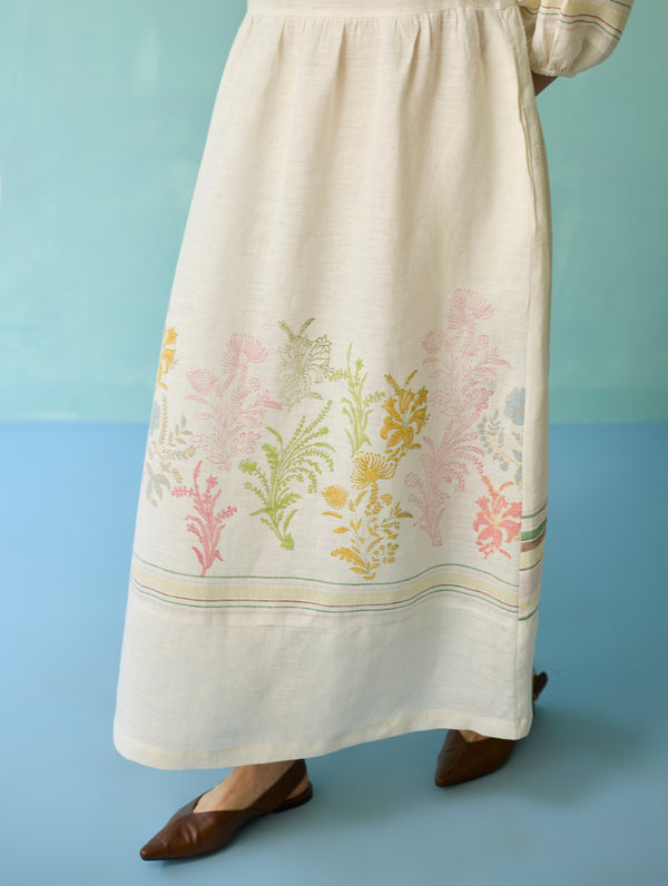 Ora Block-Printed Floral Linen Dress - Ivory