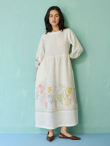Ora Block-Printed Floral Linen Dress - Ivory