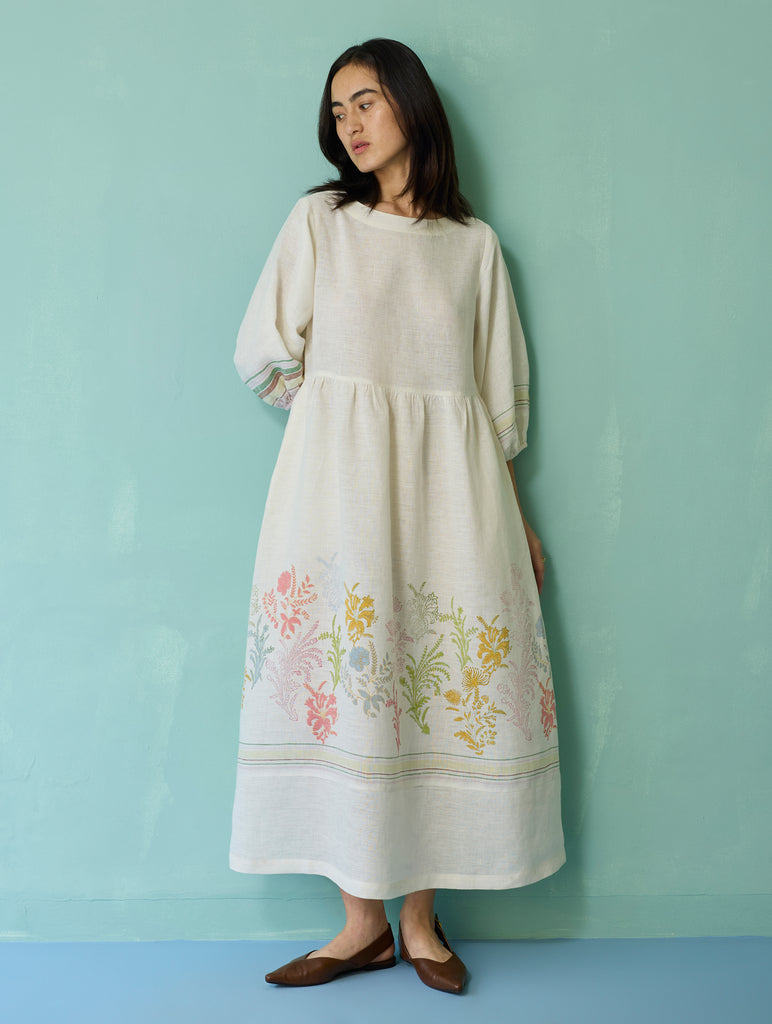 Ora Block-Printed Floral Linen Dress - Ivory