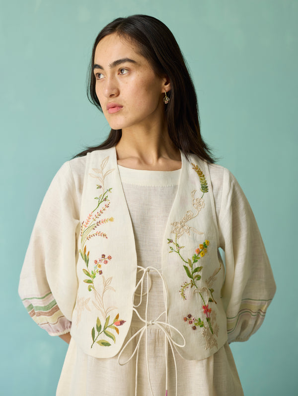 Ora Block-Printed Floral Linen Co-ord Set - Ivory